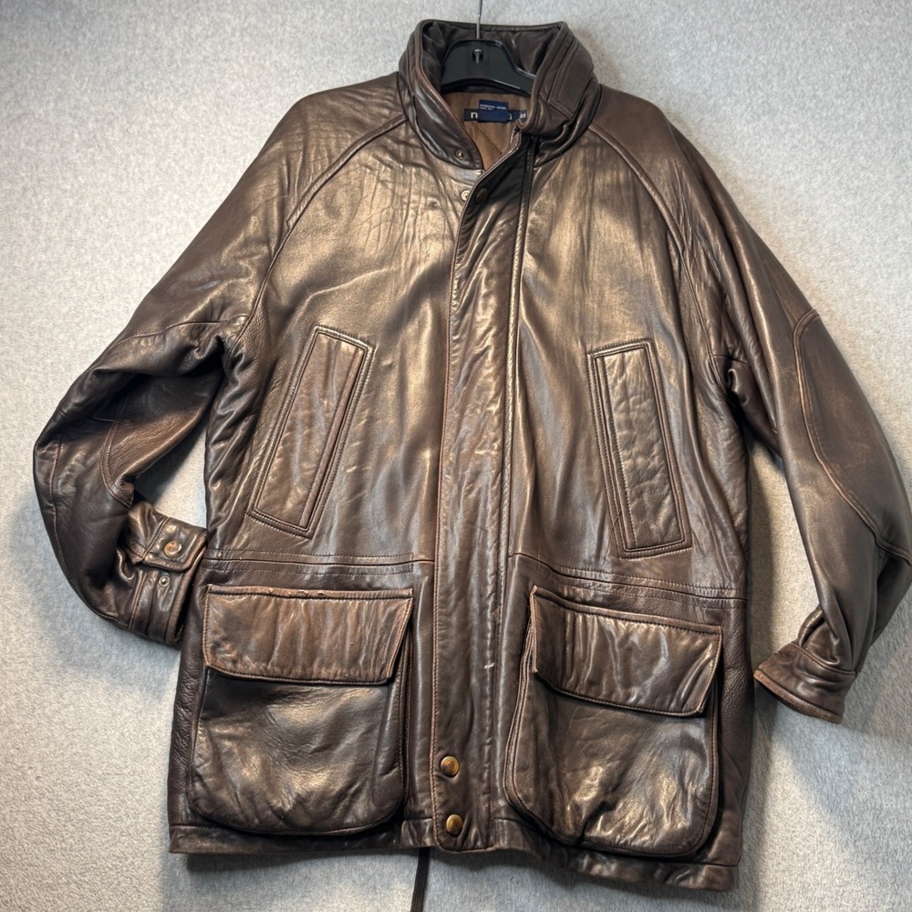 Nautica Brown Quilted Field Jacket Genuine Leather Buttery Soft Coat Men Size 44